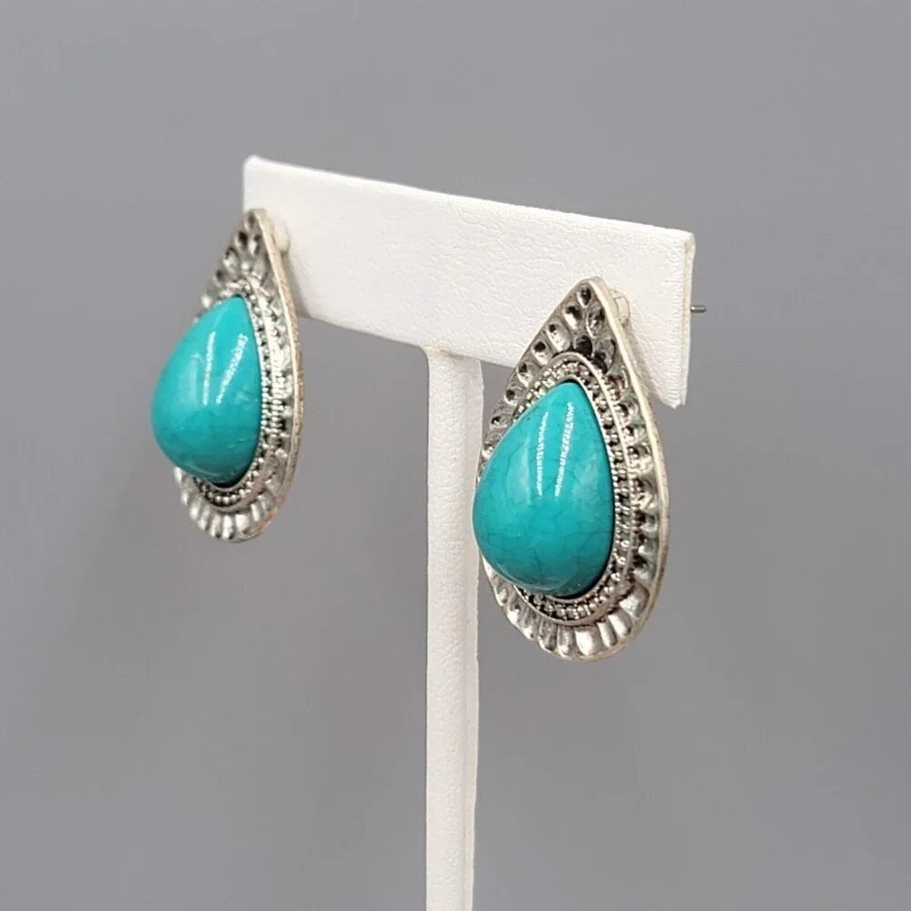 Teardrop Pierced Earrings Silver tone Blue Accent 1.25" - Picture 6 of 7
